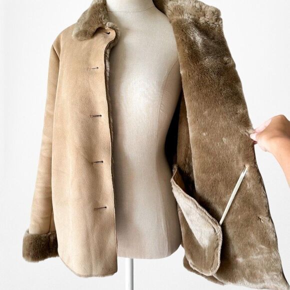 Vintage Y2K Brown Faux Fur Lined Trim Suede Teddy Jacket Coat Size S - Picture 7 of 7